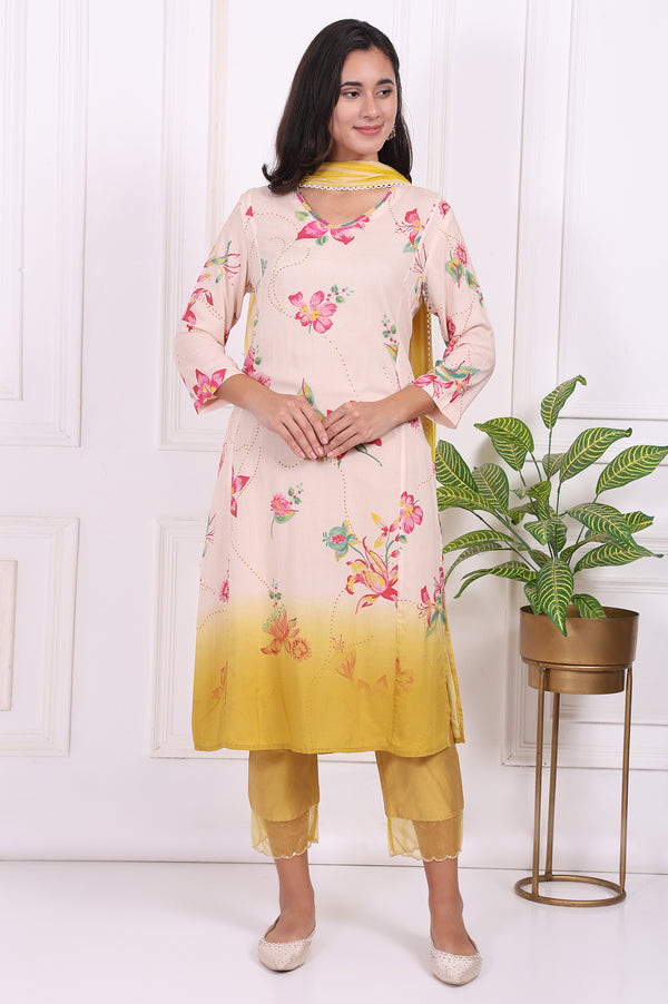 Off-White Floral Printed Modal A-Line Kurta with Straight Pant and Dupatta