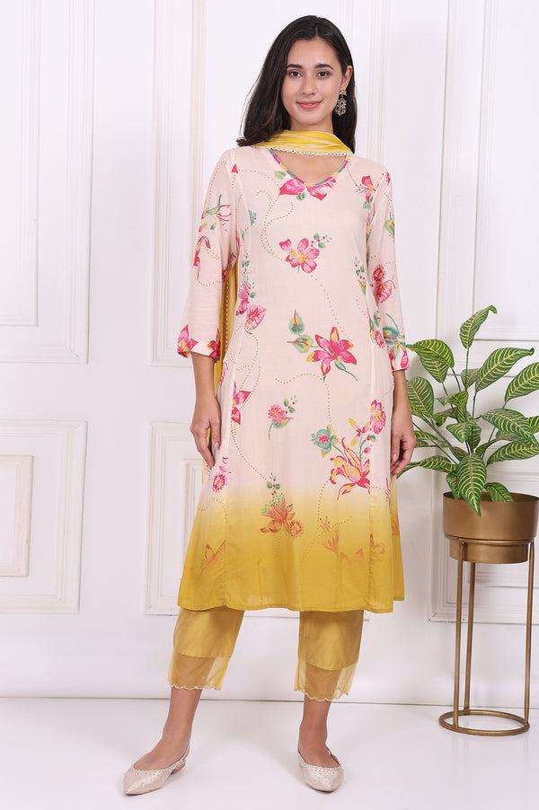 Off-White Floral Printed Modal A-Line Kurta with Straight Pant and Dupatta