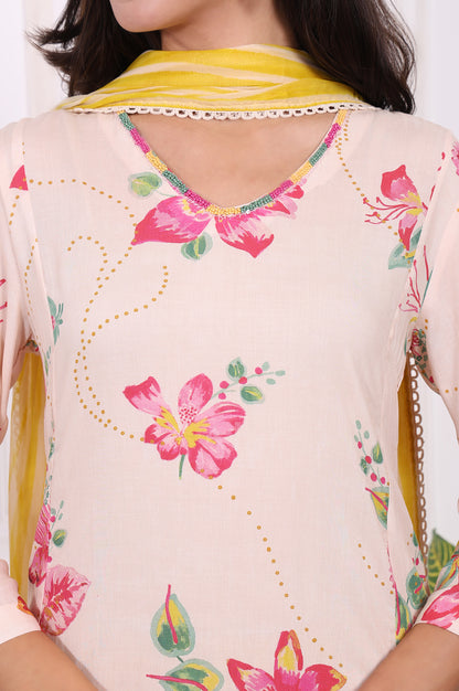 Off-White Floral Printed Modal A-Line Kurta with Straight Pant and Dupatta