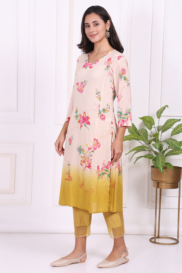 Off-White Floral Printed Modal A-Line Kurta with Straight Pant and Dupatta