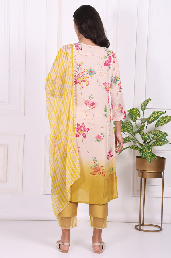 Off-White Floral Printed Modal A-Line Kurta with Straight Pant and Dupatta