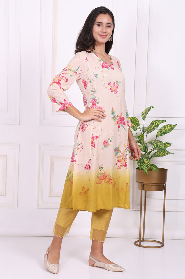 Off-White Floral Printed Modal A-Line Kurta with Straight Pant and Dupatta