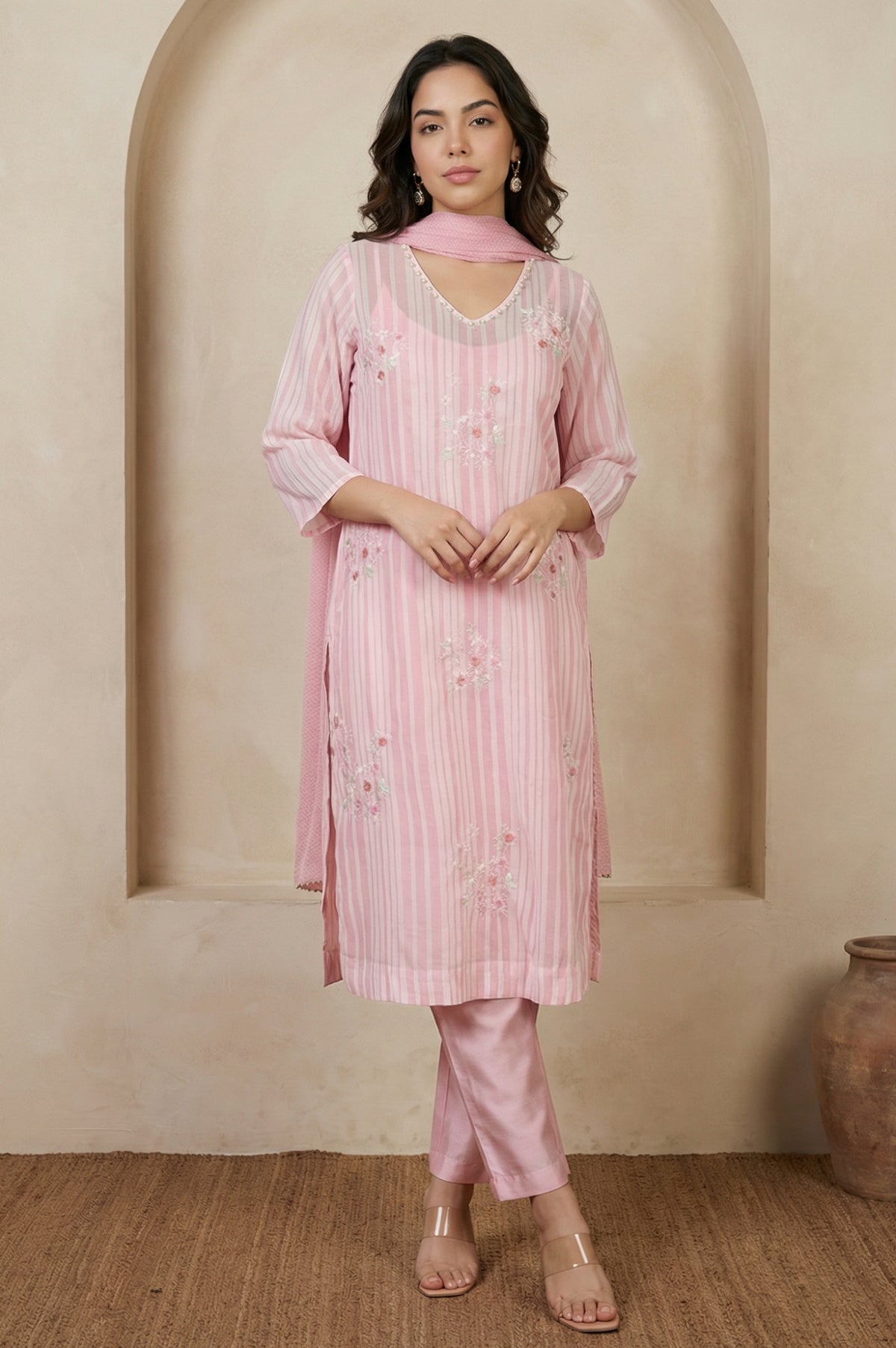 Pink Thread Embroidered Striped Organza Straight Kurta with Straight Pants and Dupatta Set - S