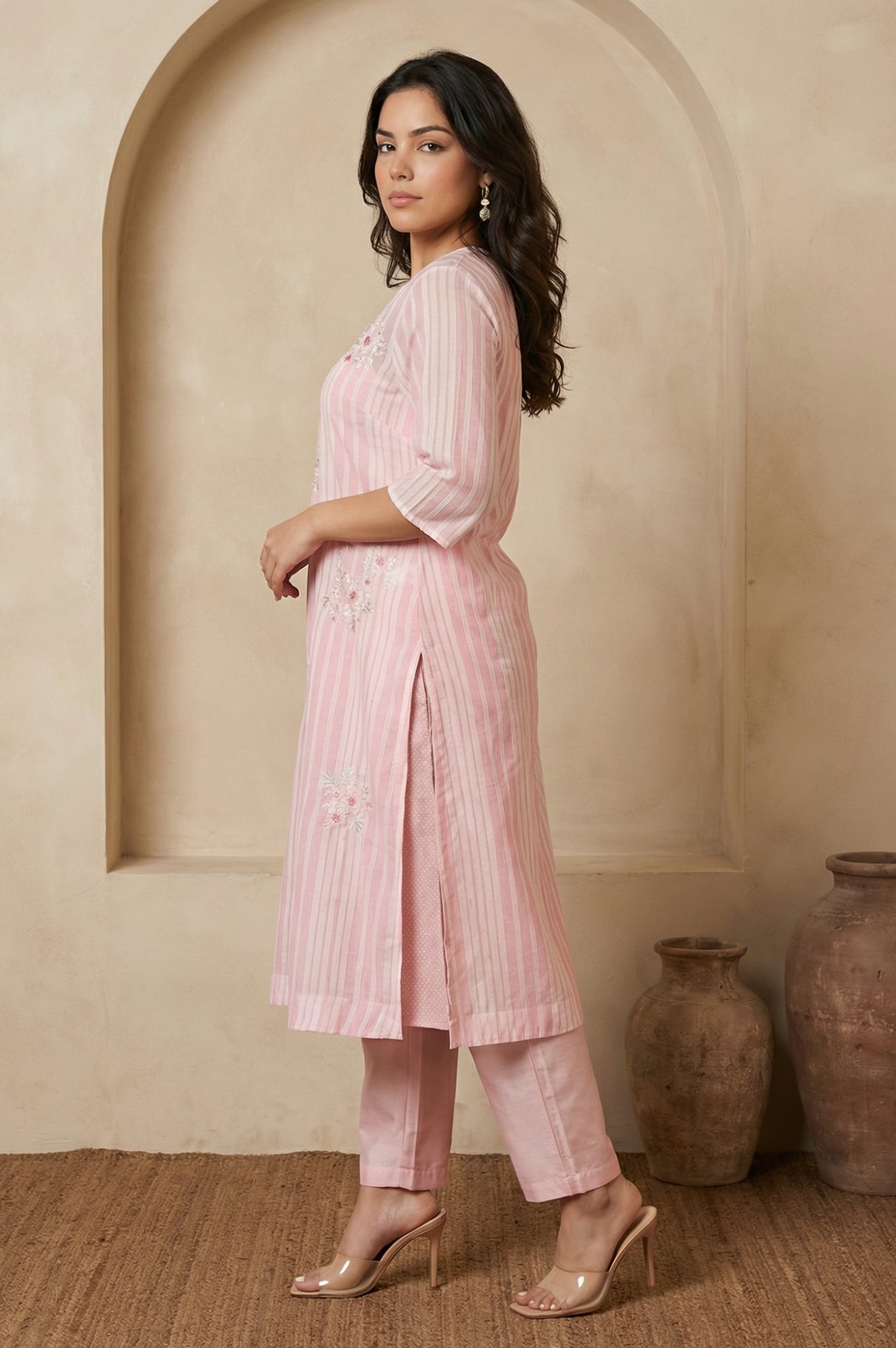 Pink Thread Embroidered Striped Organza Straight Kurta with Straight Pants and Dupatta Set
