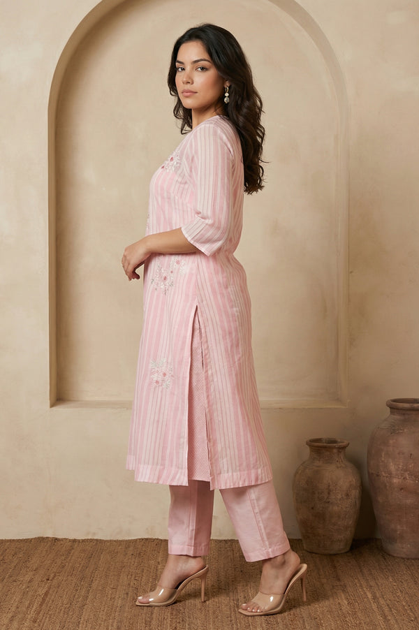 Pink Thread Embroidered Striped Organza Straight Kurta with Straight Pants and Dupatta Set
