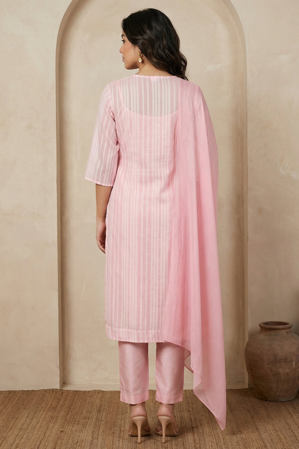 Pink Thread Embroidered Striped Organza Straight Kurta with Straight Pants and Dupatta Set