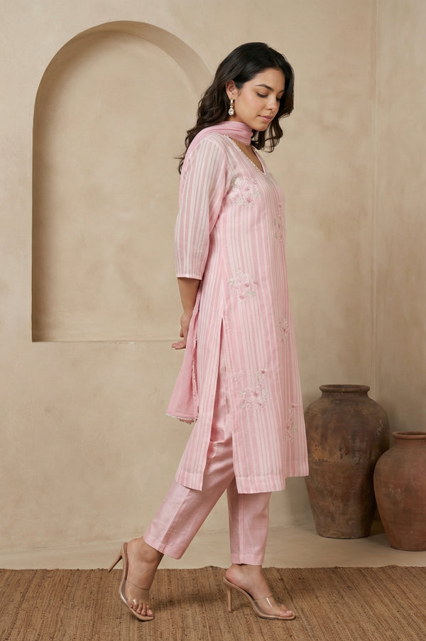 Pink Thread Embroidered Striped Organza Straight Kurta with Straight Pants and Dupatta Set