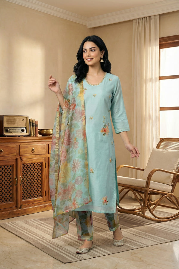 Aqua Blue Thread Embroidered Chanderi Straight Kurta with Pants and Dupatta Set