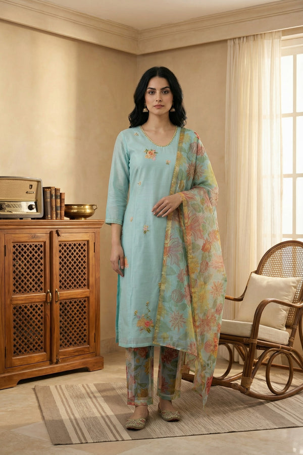 Aqua Blue Thread Embroidered Chanderi Straight Kurta with Pants and Dupatta Set