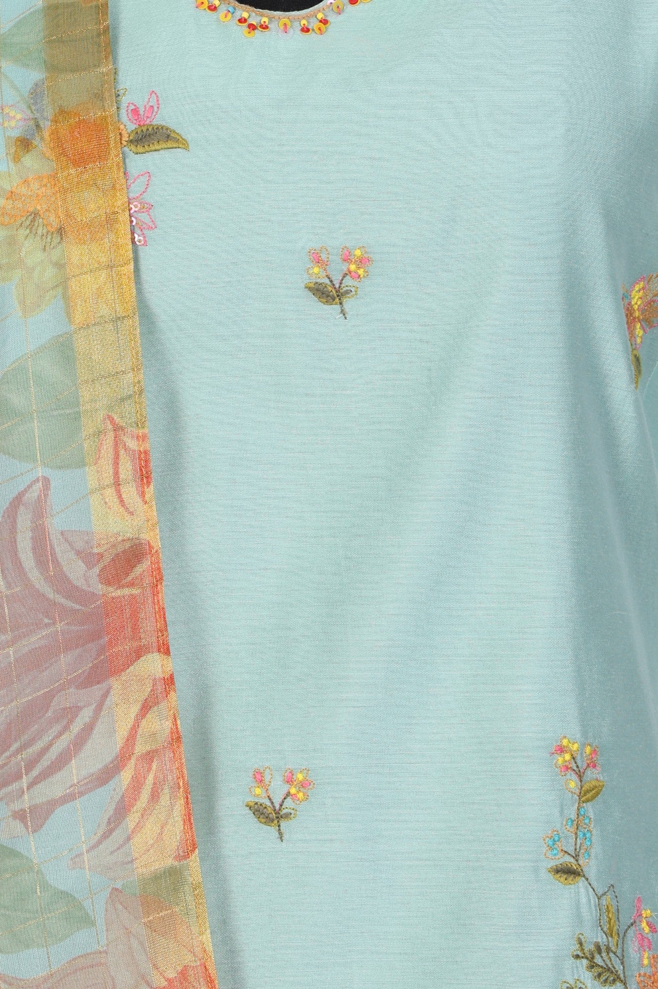 Aqua Blue Thread Embroidered Chanderi Straight Kurta with Pants and Dupatta Set