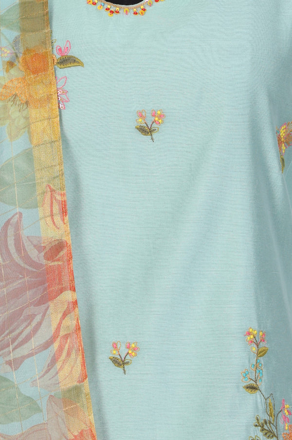 Aqua Blue Thread Embroidered Chanderi Straight Kurta with Pants and Dupatta Set