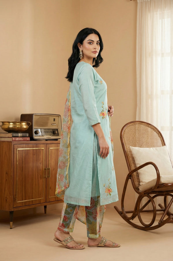 Aqua Blue Thread Embroidered Chanderi Straight Kurta with Pants and Dupatta Set