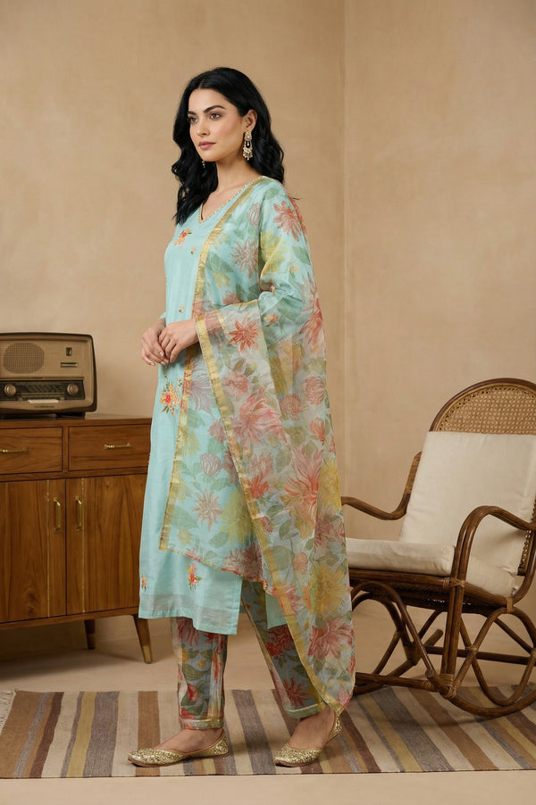 Aqua Blue Thread Embroidered Chanderi Straight Kurta with Pants and Dupatta Set