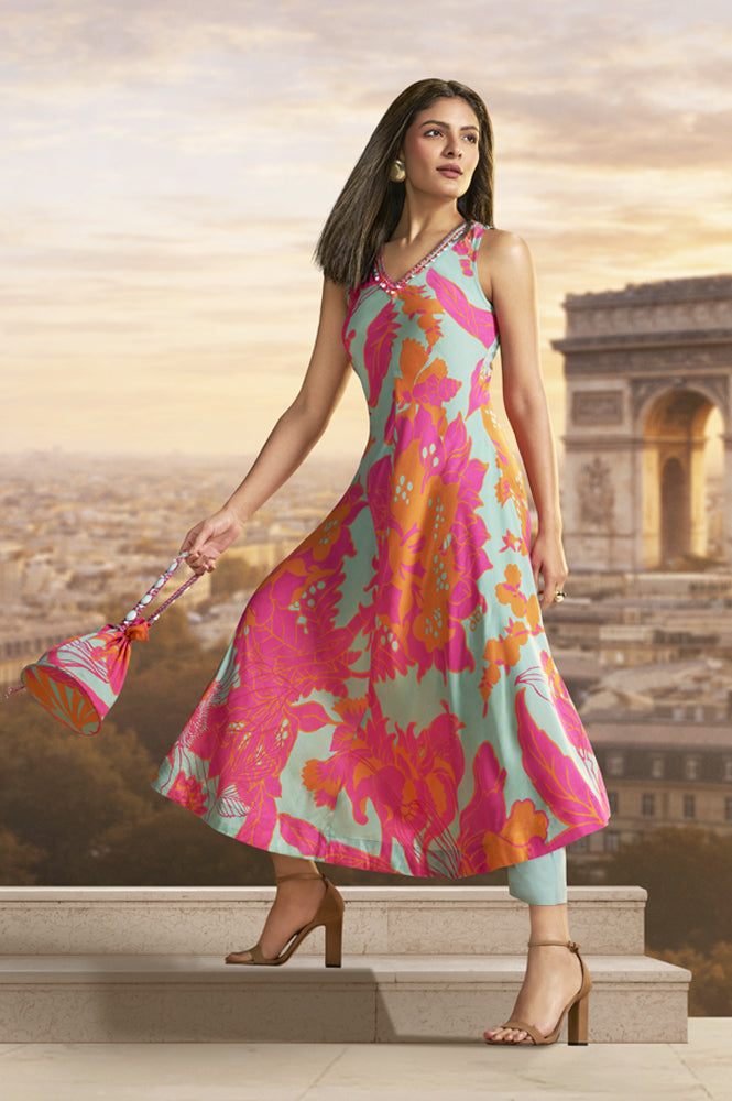 Green Floral Printed Modal A-line Kurta with Straight Pants Set - S