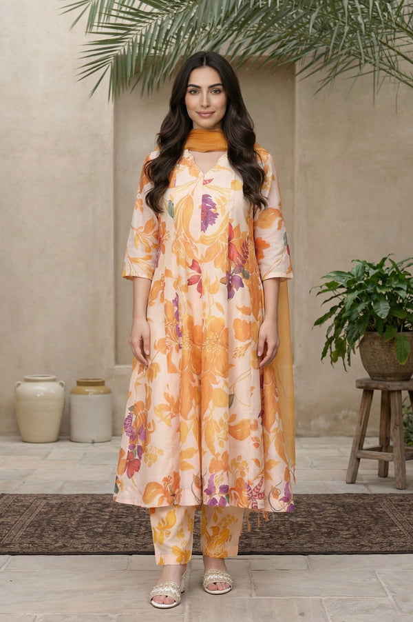 Peach Floral Printed A-Line Kurta with Straight Pant and Dupatta Set