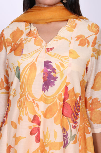 Peach Floral Printed A-Line Kurta with Straight Pant and Dupatta Set