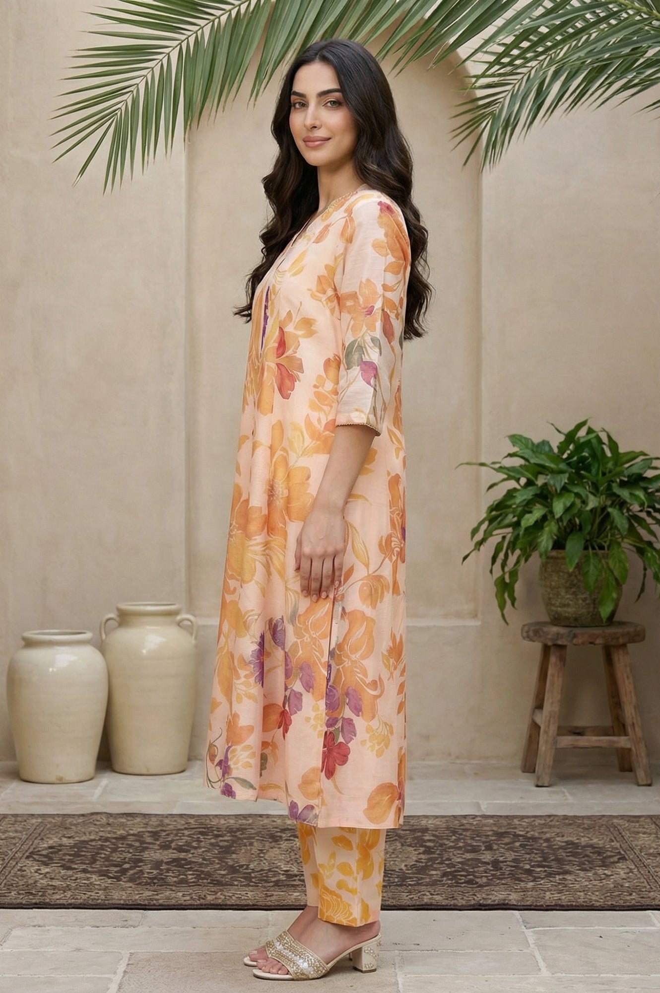 Peach Floral Printed A-Line Kurta with Straight Pant and Dupatta Set