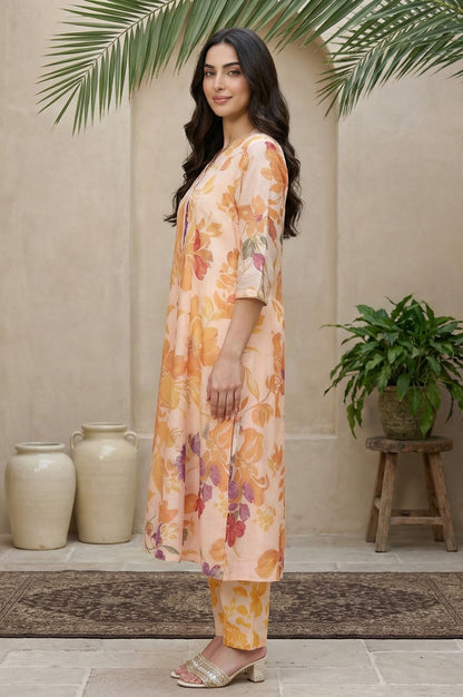 Peach Floral Printed A-Line Kurta with Straight Pant and Dupatta Set