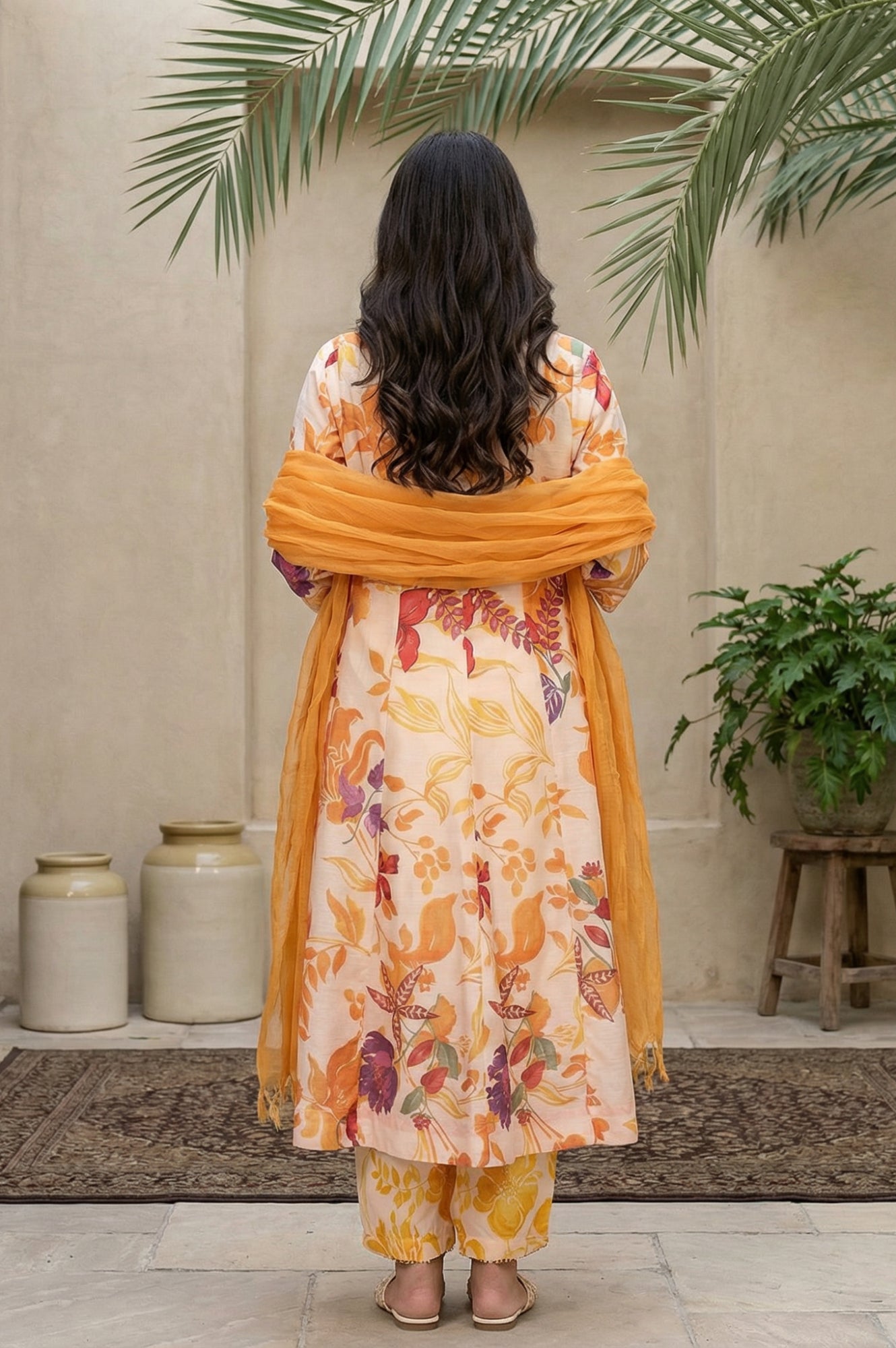 Peach Floral Printed A-Line Kurta with Straight Pant and Dupatta Set