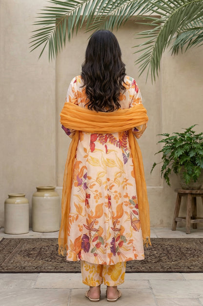 Peach Floral Printed A-Line Kurta with Straight Pant and Dupatta Set