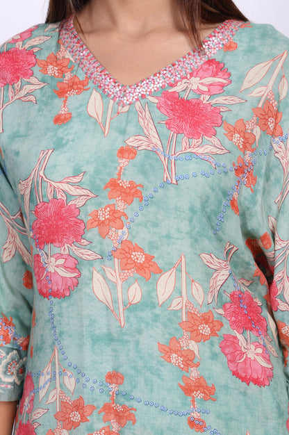 Green Floral Printed Modal Straight Kurta with Straight Pant Set