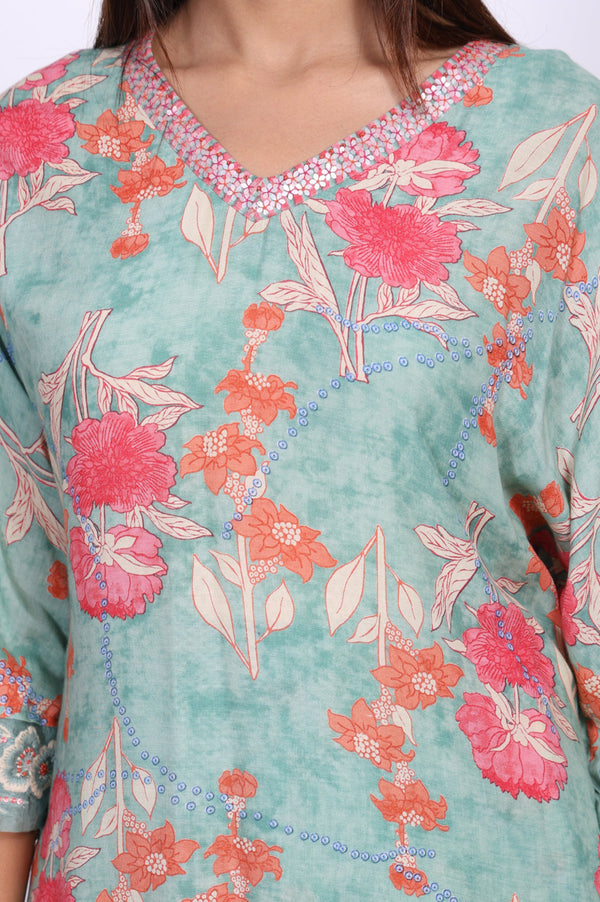 Green Floral Printed Modal Straight Kurta with Straight Pant Set