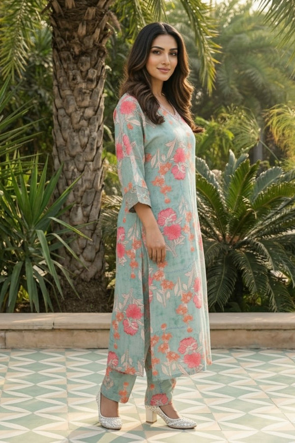 Green Floral Printed Modal Straight Kurta with Straight Pant Set