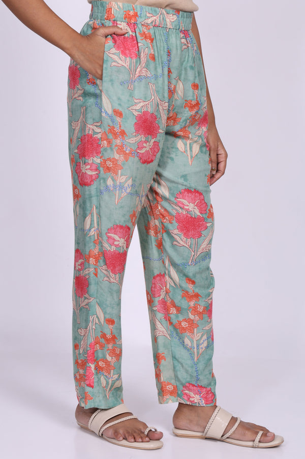 Green Floral Printed Modal Straight Kurta with Straight Pant Set