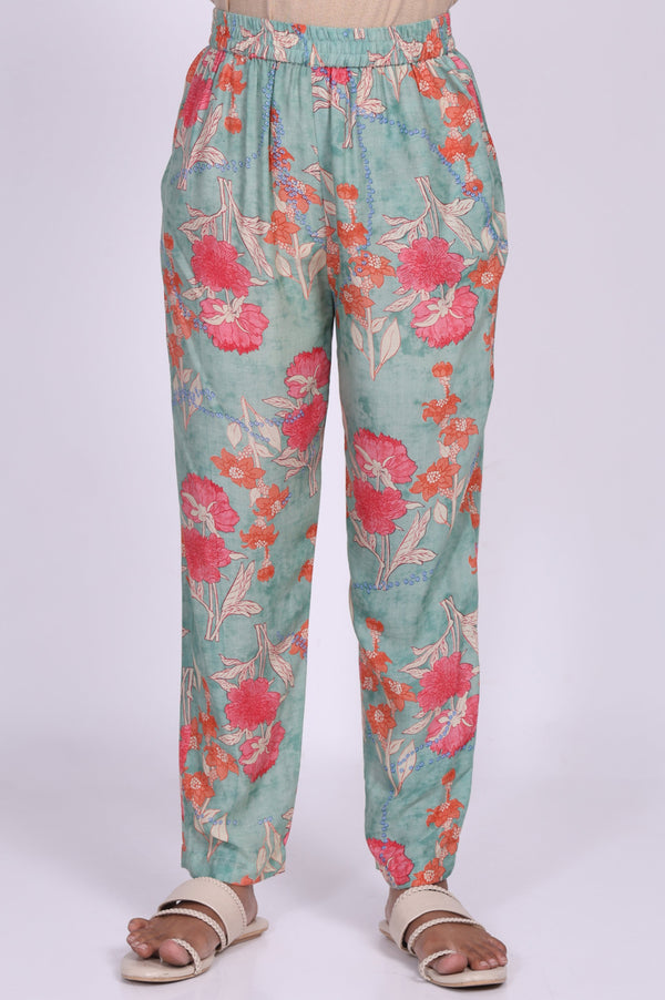 Green Floral Printed Modal Straight Kurta with Straight Pant Set