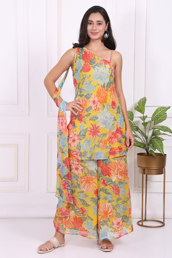 Yellow Floral Printed Straight Kurta and Flared Pants Set