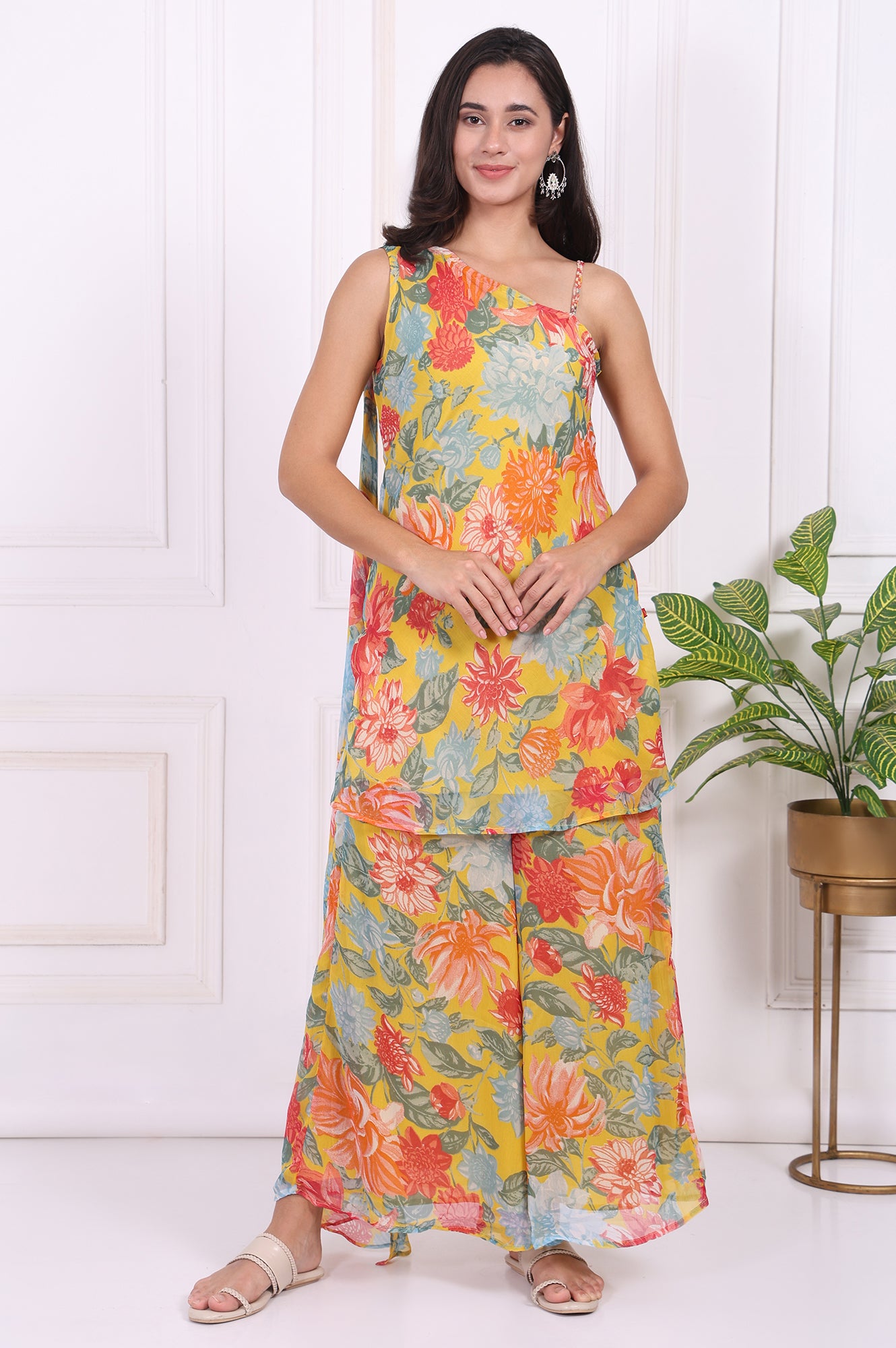 Yellow Floral Printed Straight Kurta and Flared Pants Set