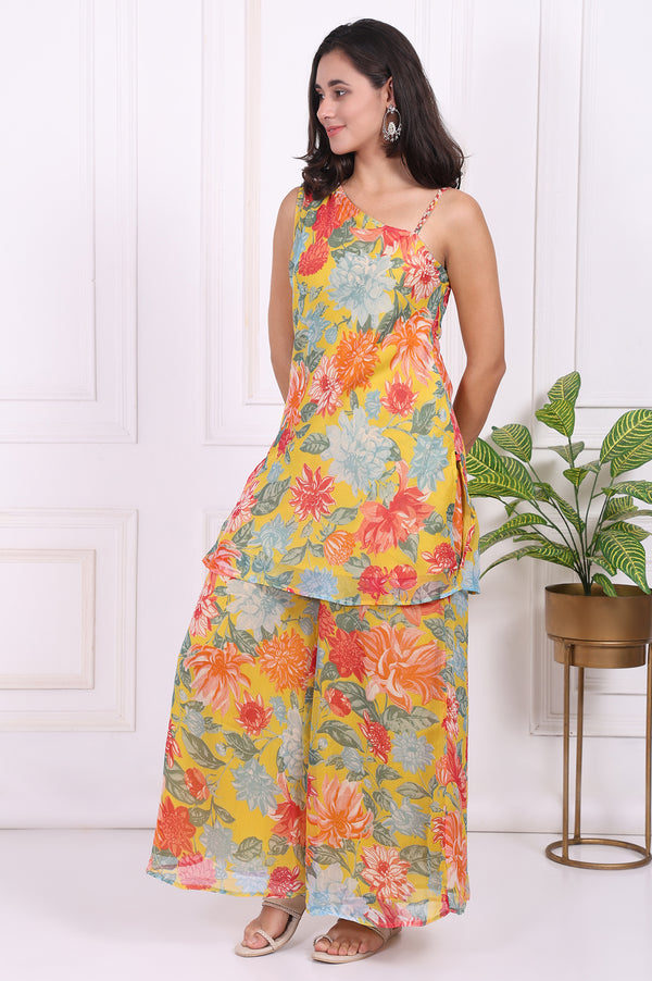 Yellow Floral Printed Straight Kurta and Flared Pants Set