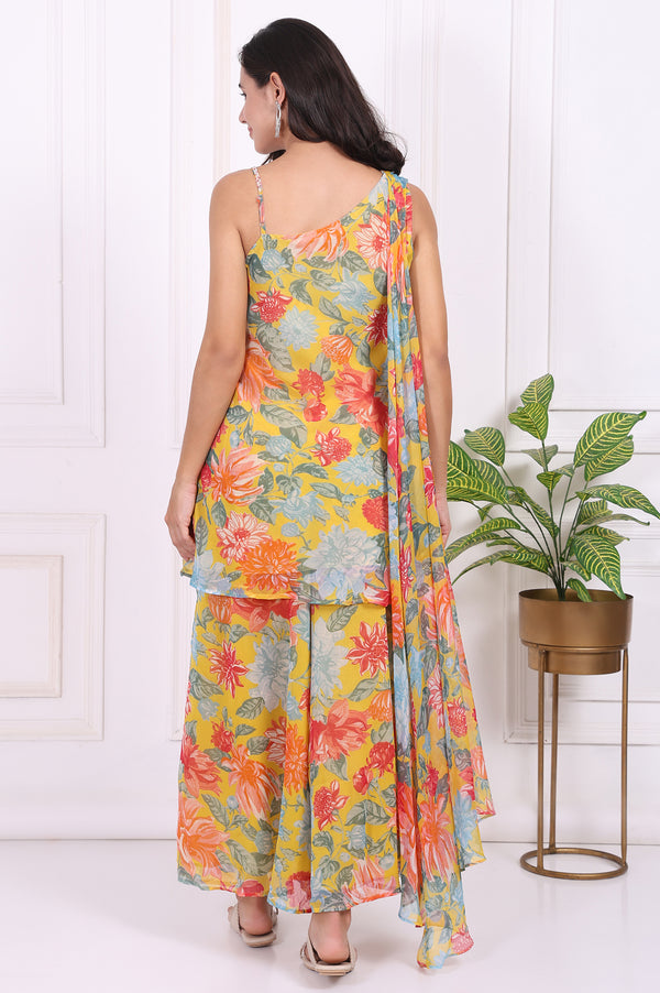 Yellow Floral Printed Straight Kurta and Flared Pants Set