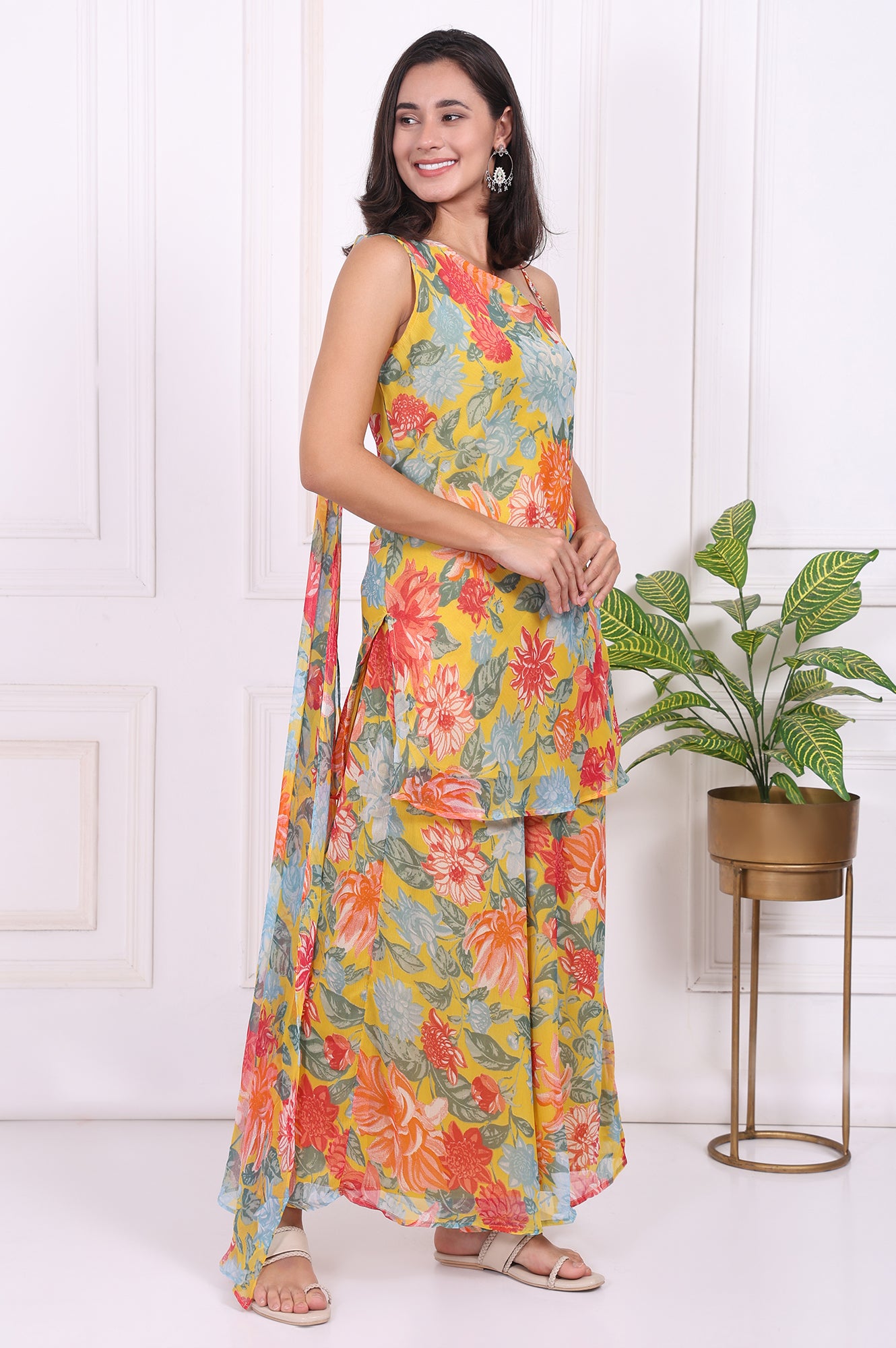 Yellow Floral Printed Straight Kurta and Flared Pants Set