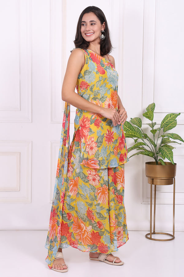 Yellow Floral Printed Straight Kurta and Flared Pants Set