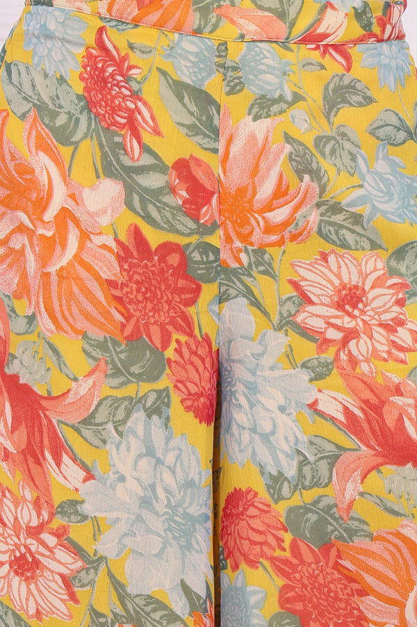 Yellow Floral Printed Straight Kurta and Flared Pants Set