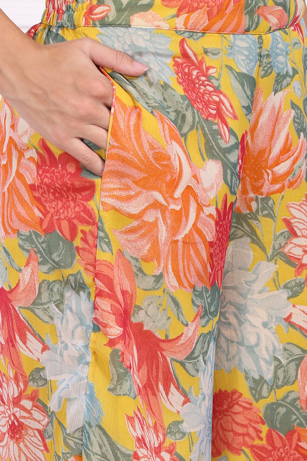 Yellow Floral Printed Straight Kurta and Flared Pants Set