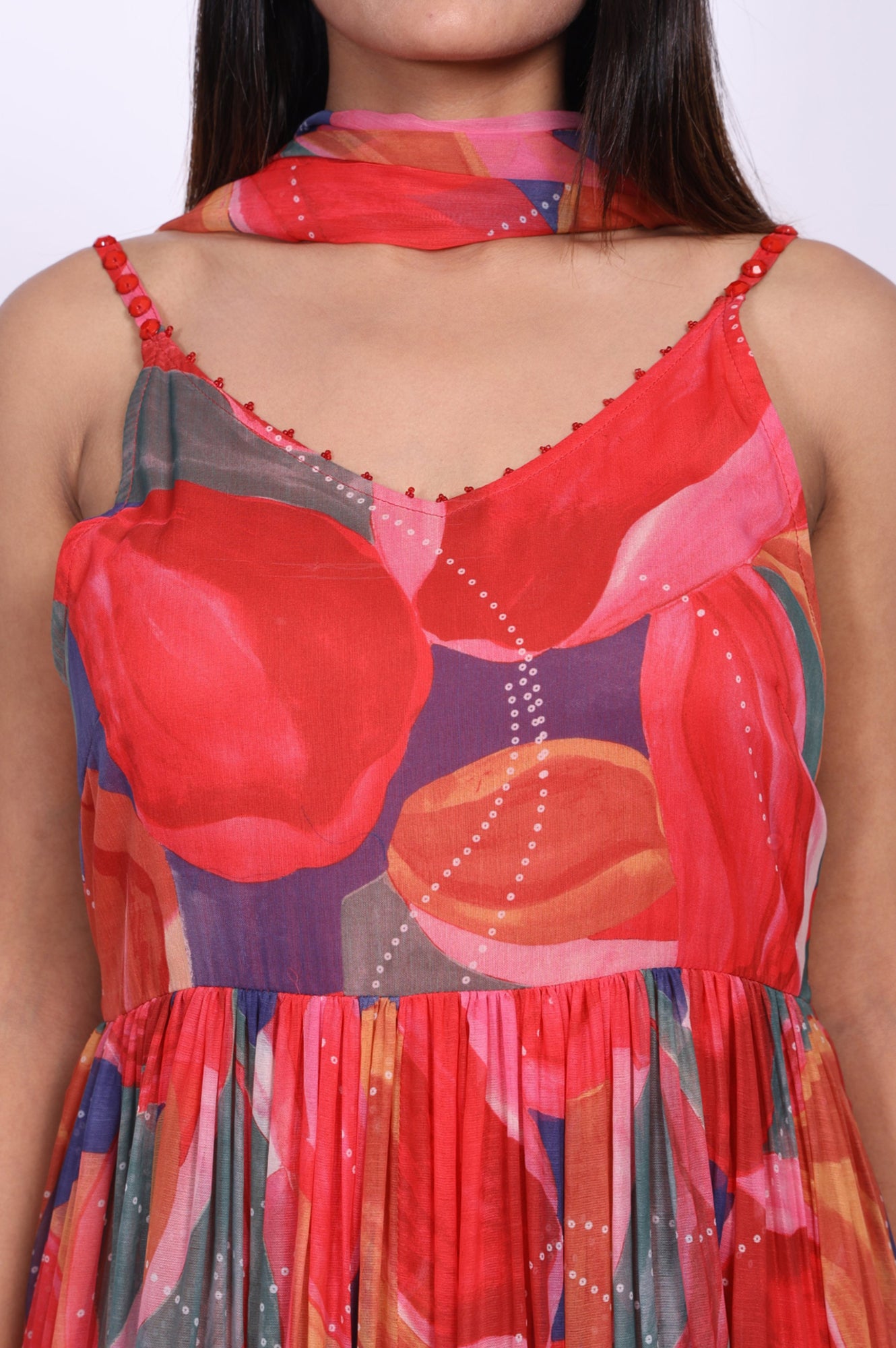 Red Abstract Beadwork Anarkali Kurta with Straight Pant and Dupatta Set