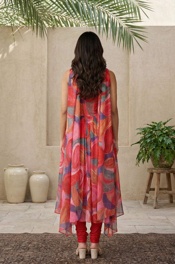 Red Abstract Beadwork Anarkali Kurta with Straight Pant and Dupatta Set