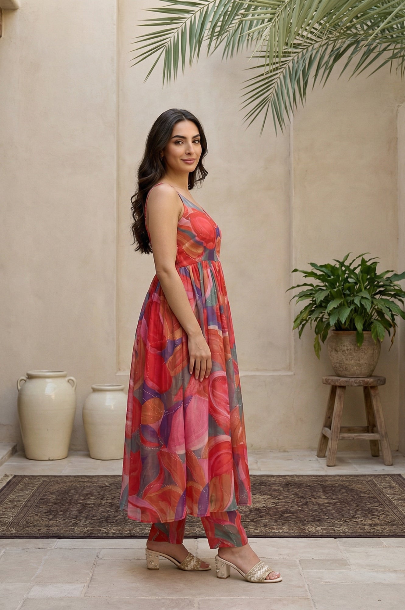 Red Abstract Beadwork Anarkali Kurta with Straight Pant and Dupatta Set