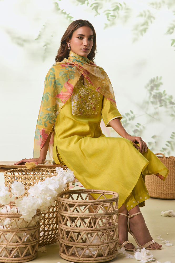 Yellow Thread Embroidery Chanderi Straight Kurta with Pants and Dupatta Set