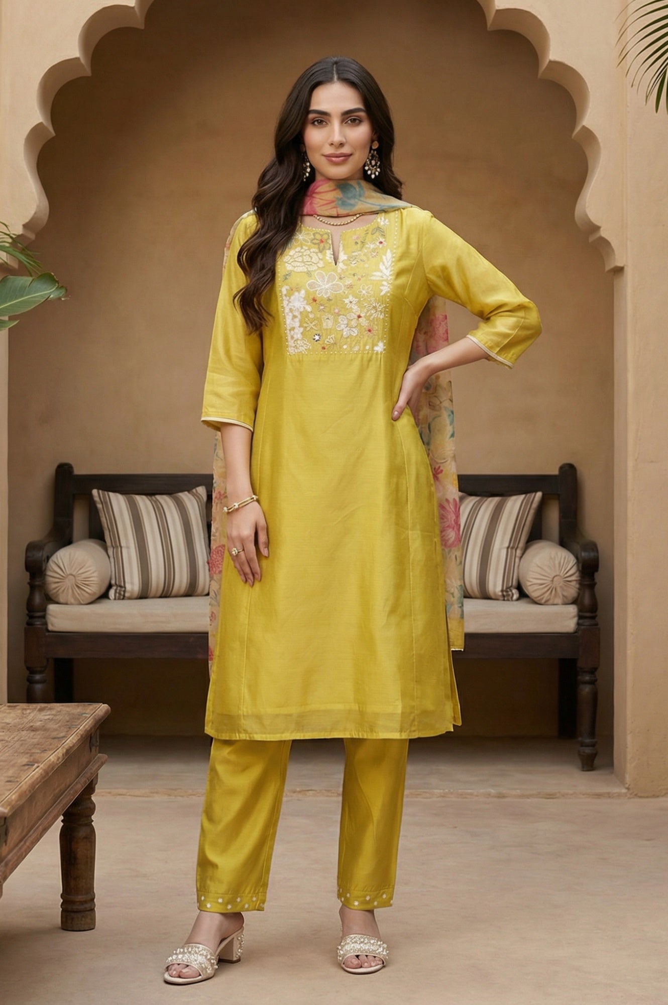Yellow Thread Embroidery Chanderi Straight Kurta with Pants and Dupatta Set