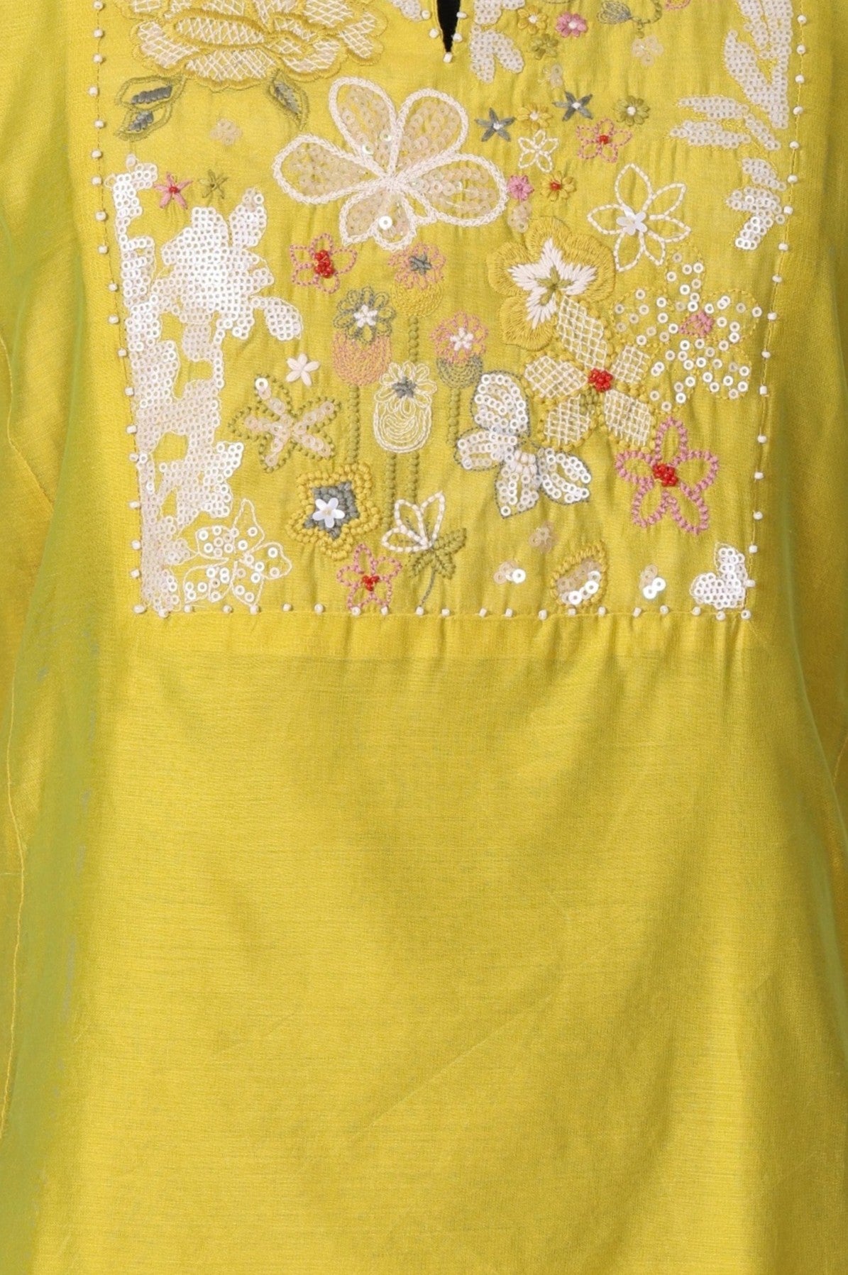 Yellow Thread Embroidery Chanderi Straight Kurta with Pants and Dupatta Set