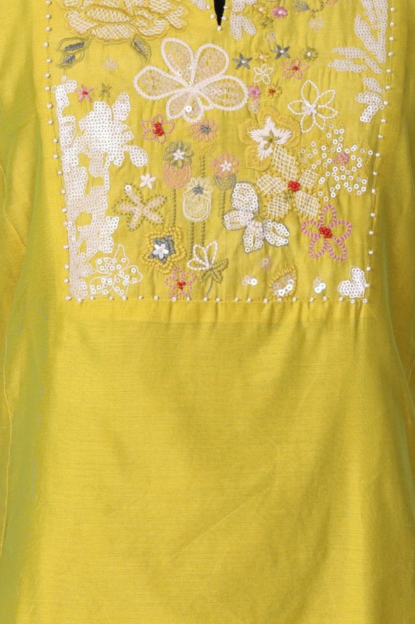 Yellow Thread Embroidery Chanderi Straight Kurta with Pants and Dupatta Set