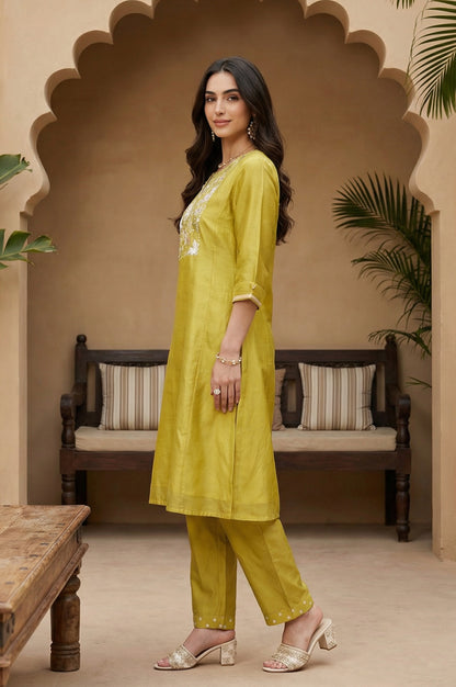 Yellow Thread Embroidery Chanderi Straight Kurta with Pants and Dupatta Set