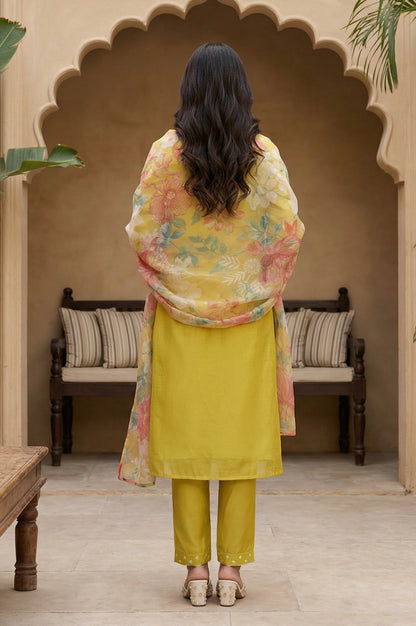 Yellow Thread Embroidery Chanderi Straight Kurta with Pants and Dupatta Set