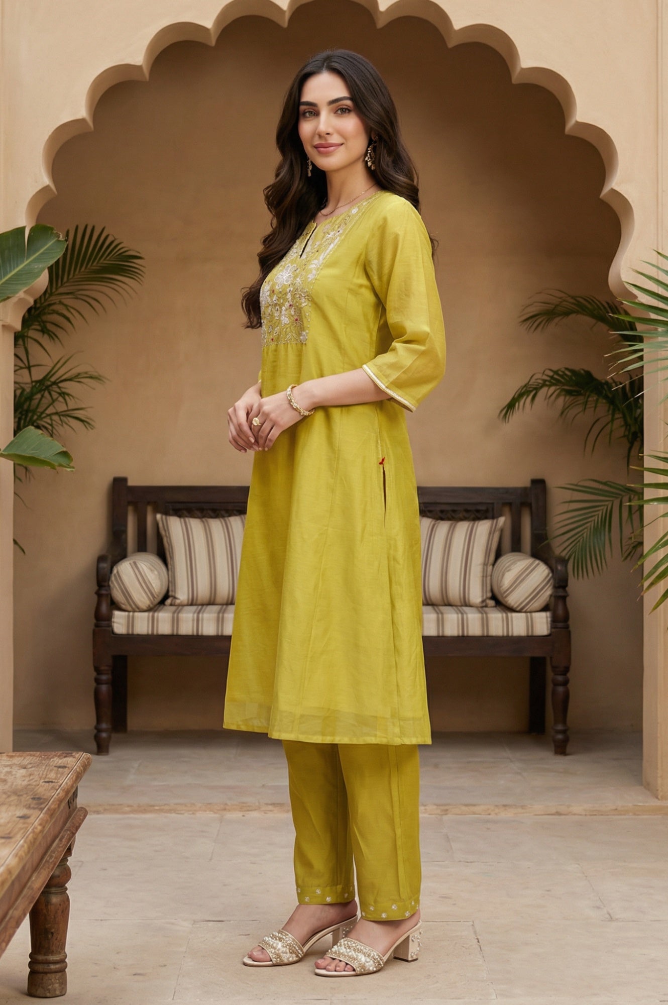 Yellow Thread Embroidery Chanderi Straight Kurta with Pants and Dupatta Set