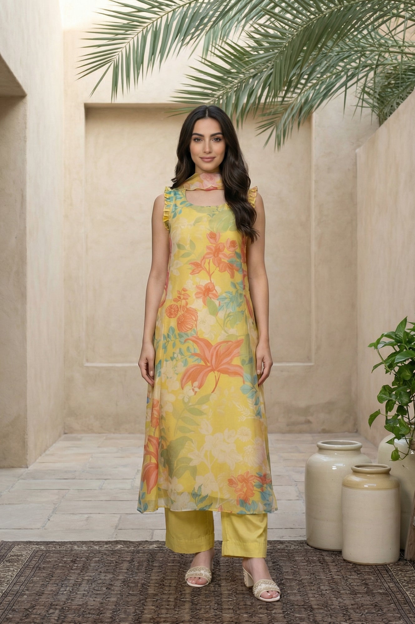 Yellow Floral Printed Straight Kurta with Flared Pant and Dupatta Set