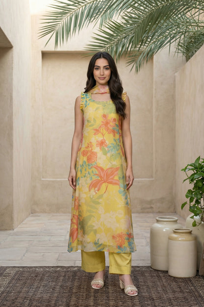 Yellow Floral Printed Straight Kurta with Flared Pant and Dupatta Set