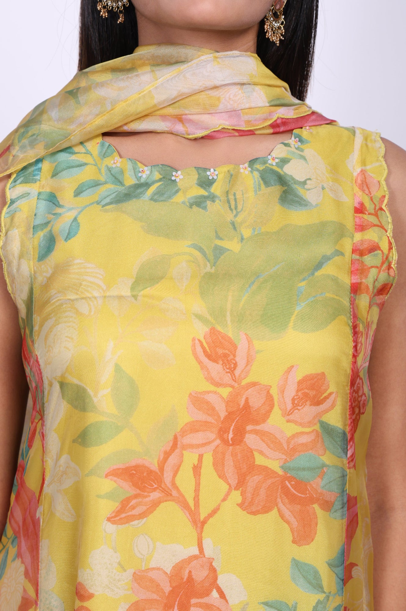 Yellow Floral Printed Straight Kurta with Flared Pant and Dupatta Set